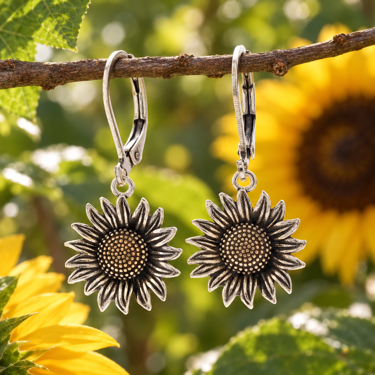 Antiqued Sunflower Drop Earrings