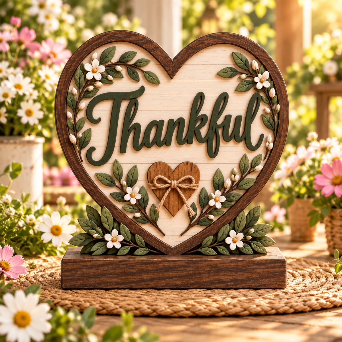 Thankful Heart botanical wood decor