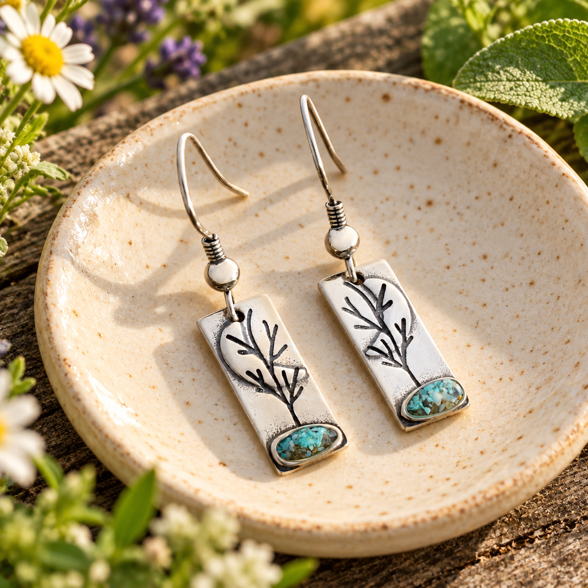 Turquoise Tree Rectangle Earrings