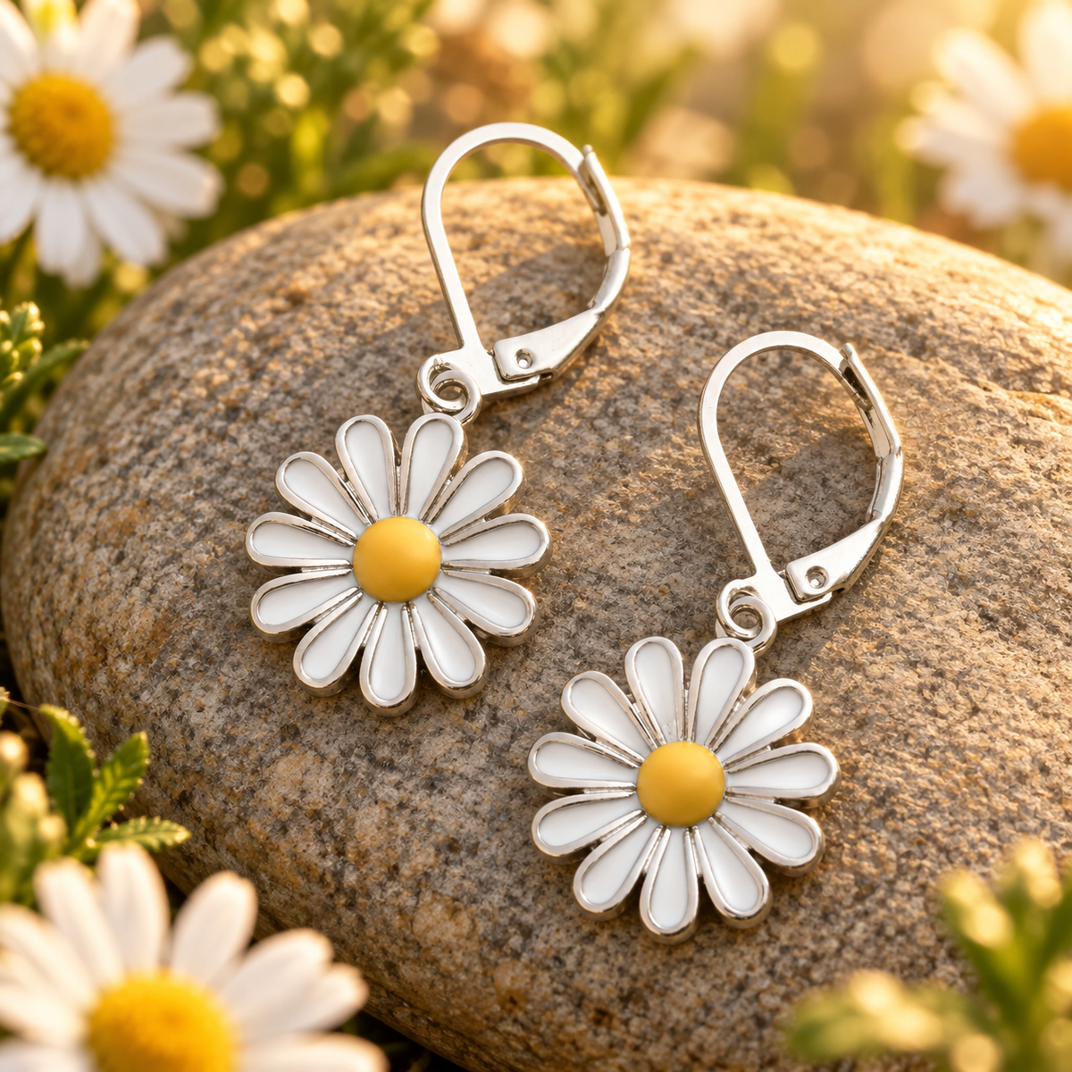 White Daisy Leverback Earrings