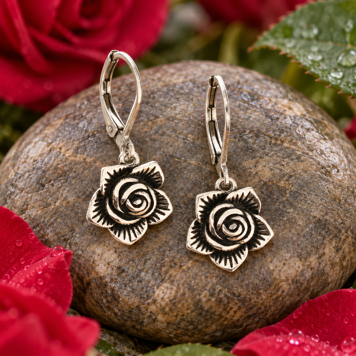 Antiqued Rose Leverback Earrings