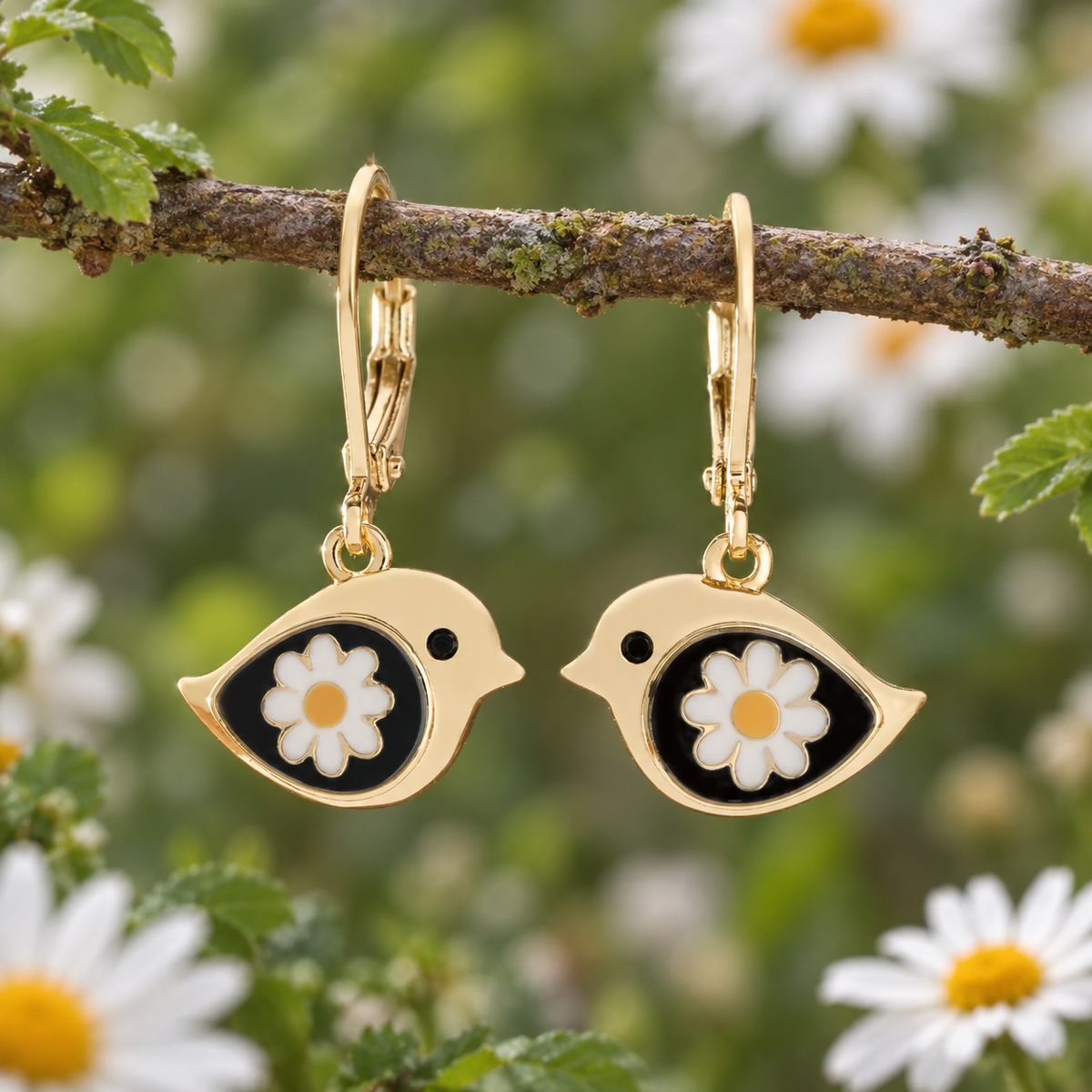 Gold Daisy Bird Earrings