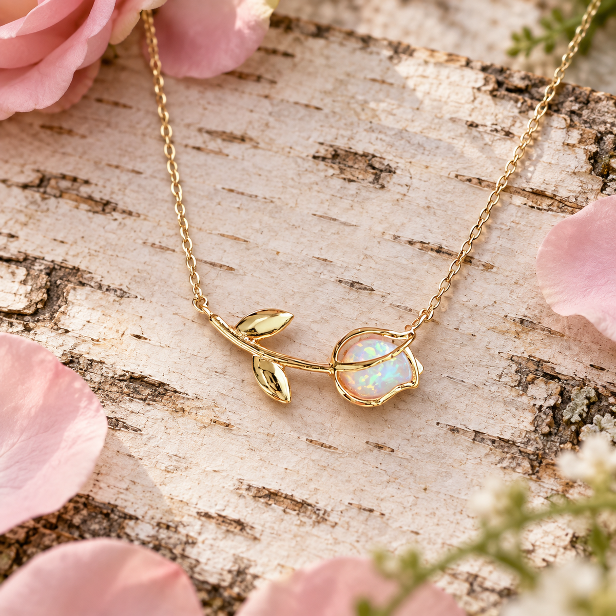 Gold Opal Rose Necklace