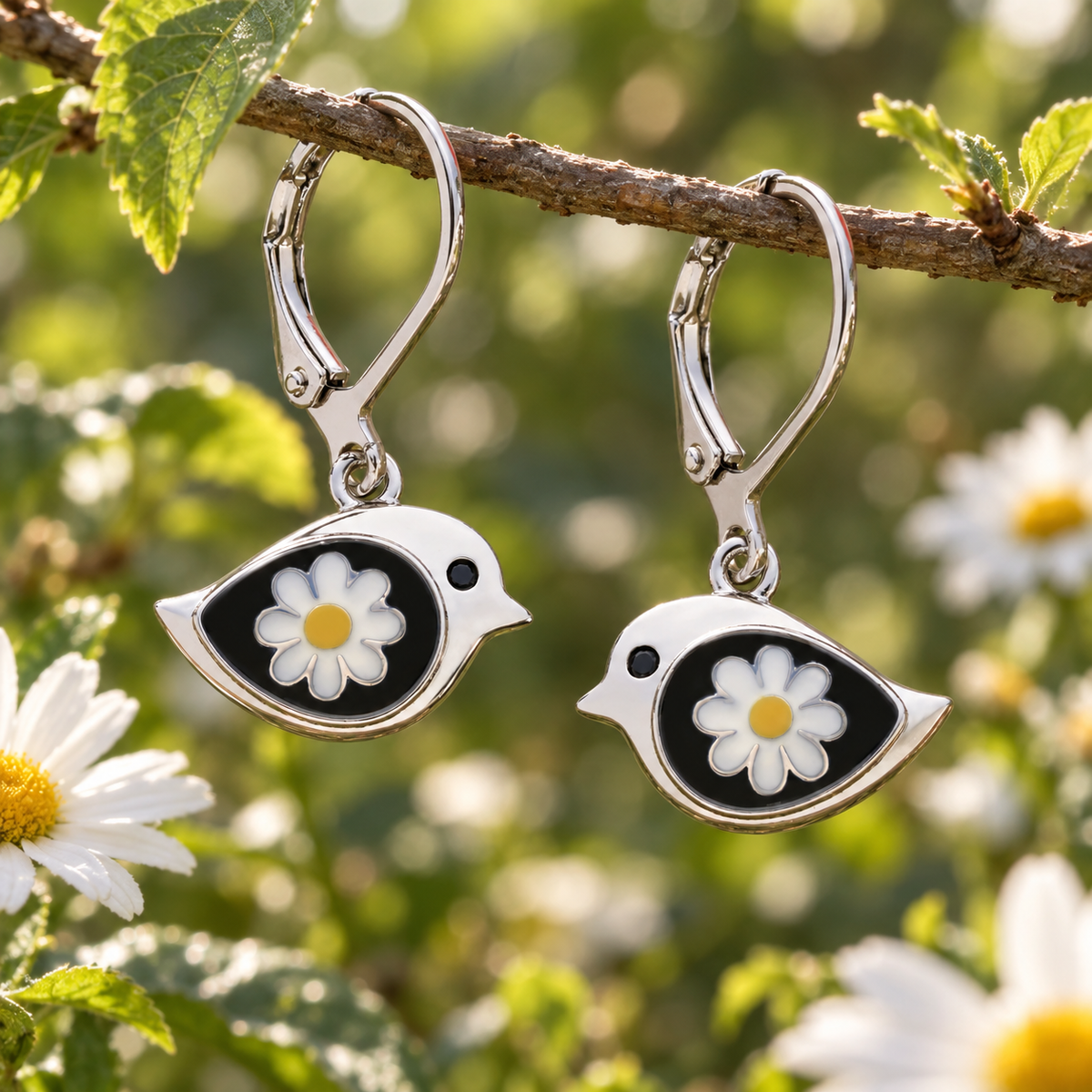 Silver Daisy Bird Earrings