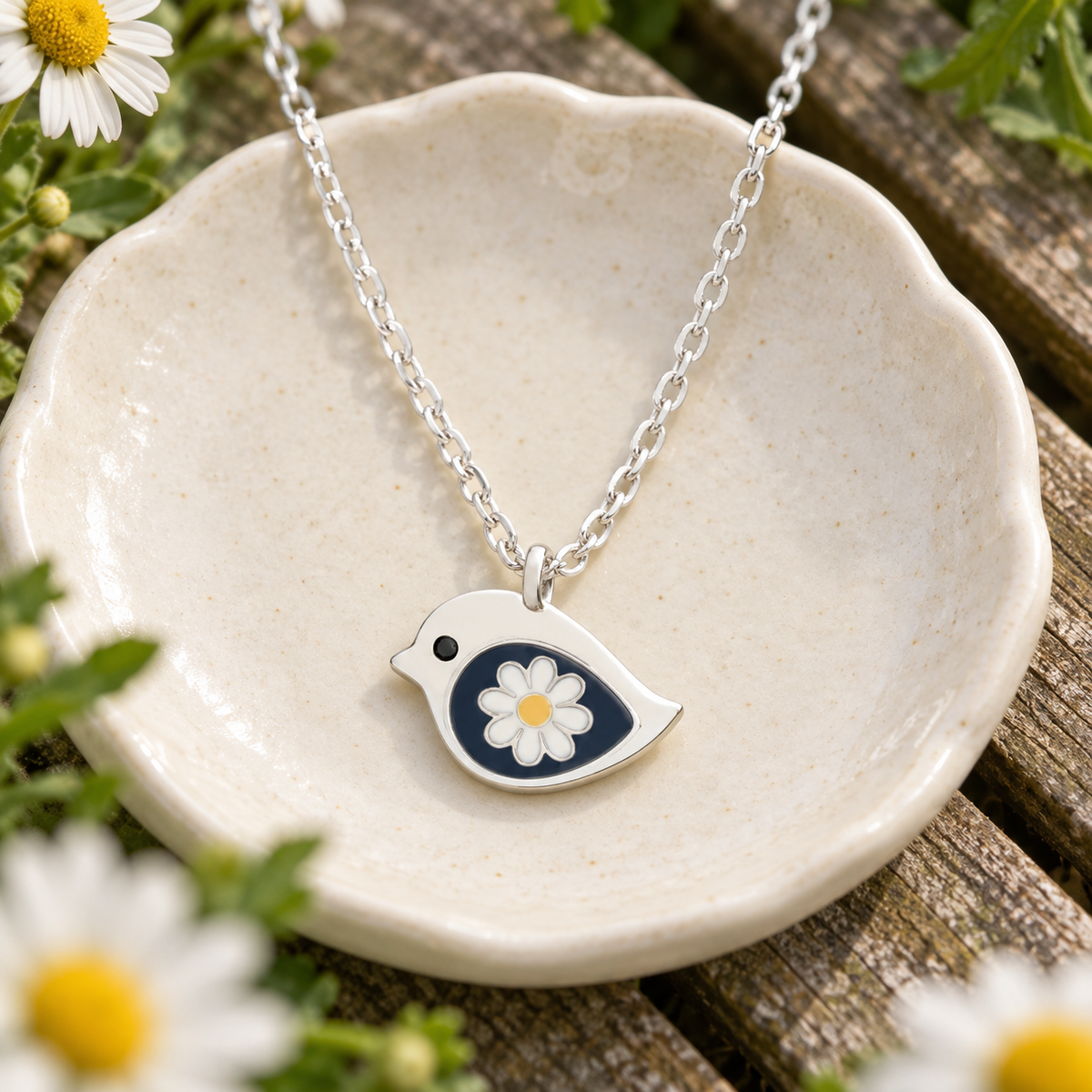 Silver Daisy Bird Necklace