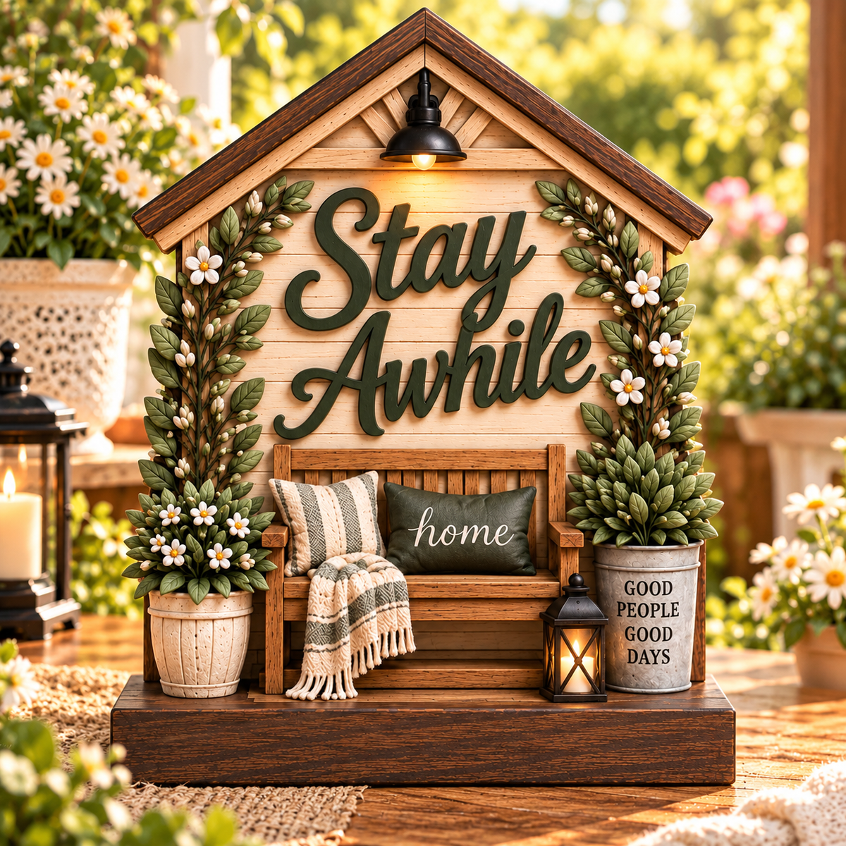 Stay Awhile Nook botanical wood decor